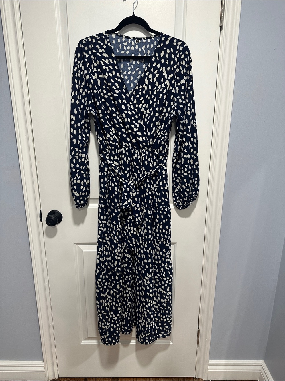 Navy Wrap Maxi Dress with Cream Spot Print